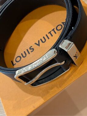 Louis Vuitton Black Leather Belt with Silver LV Buckle